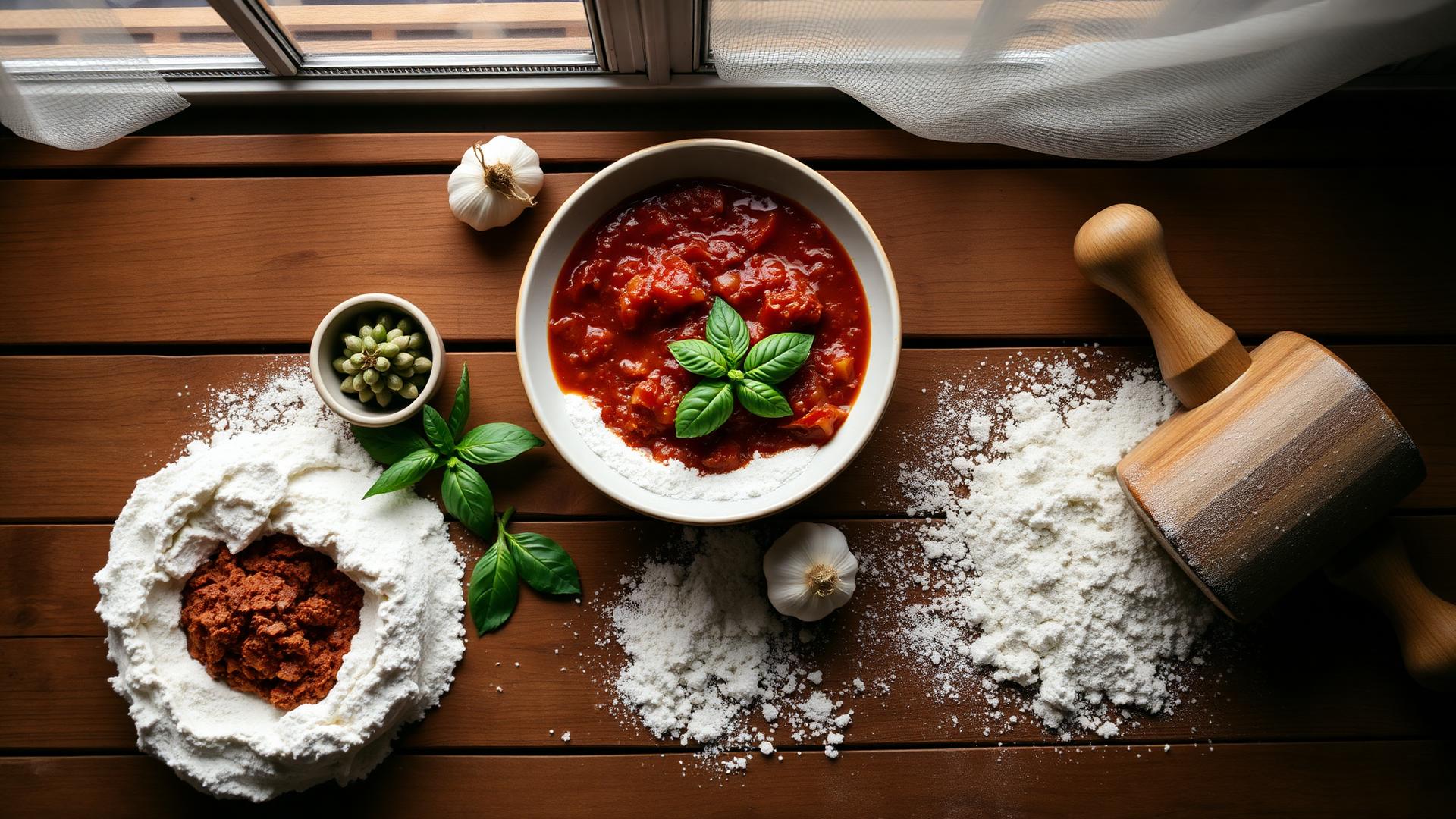 Ingredientes italianos sobre mesa de madera
